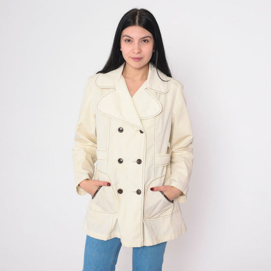 70s Cream Pea Coat Double Breasted Faux Fur Lined Sailor Jacket Extra Small