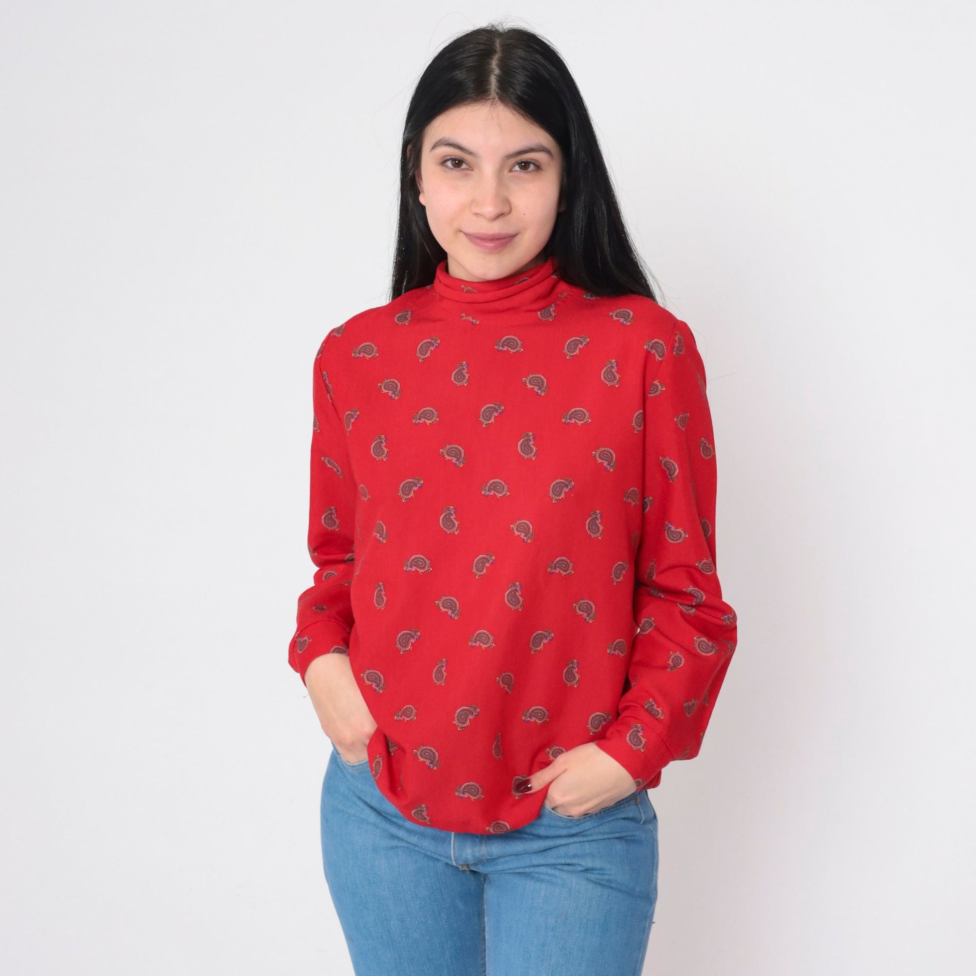 80s Red Paisley Mock Neck Blouse Back Bow Tie Long Sleeve Medium