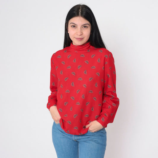 80s Red Paisley Mock Neck Blouse Back Bow Tie Long Sleeve Medium