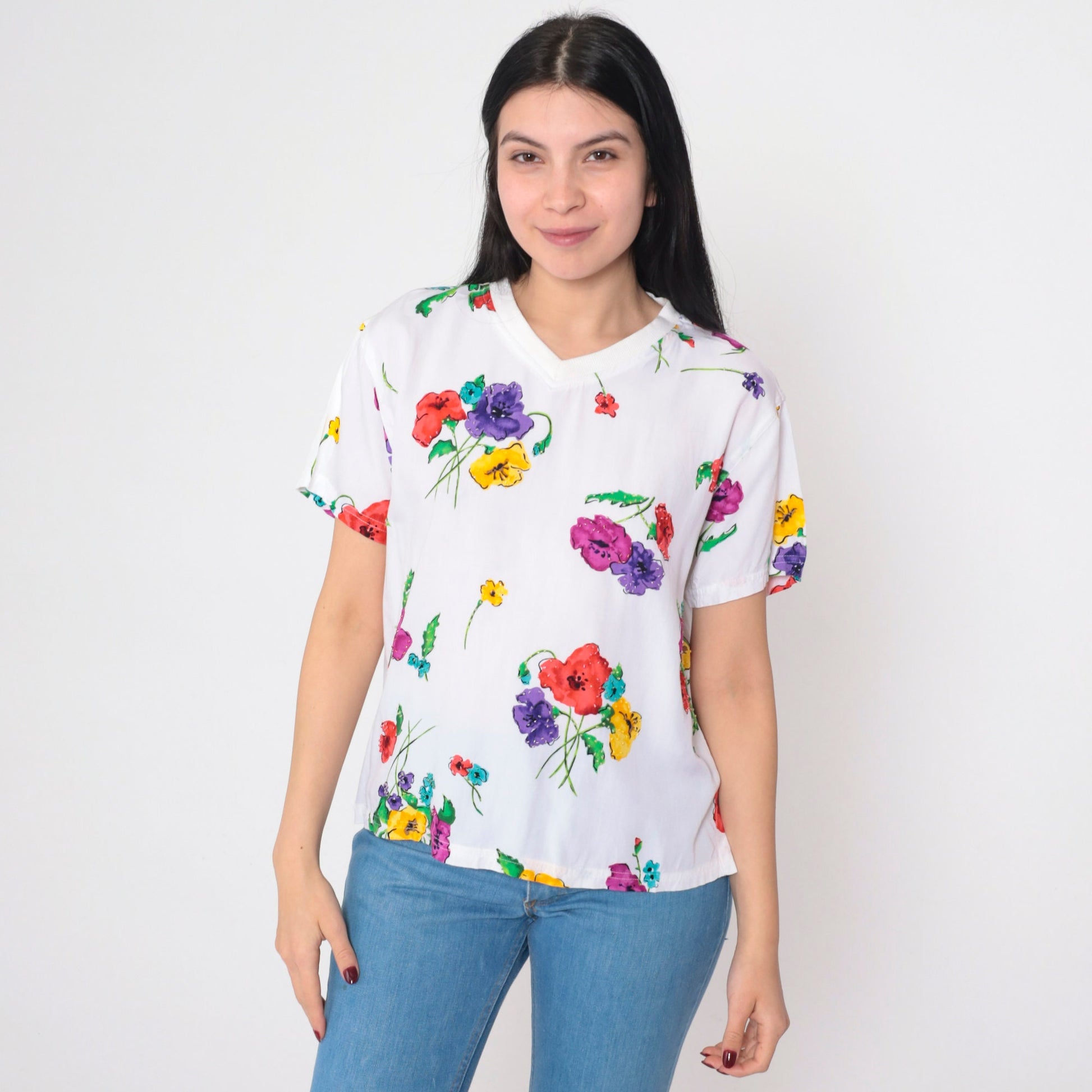 90s Carole Little Floral Beaded V-Neck T-Shirt White Graphic Tee Small S