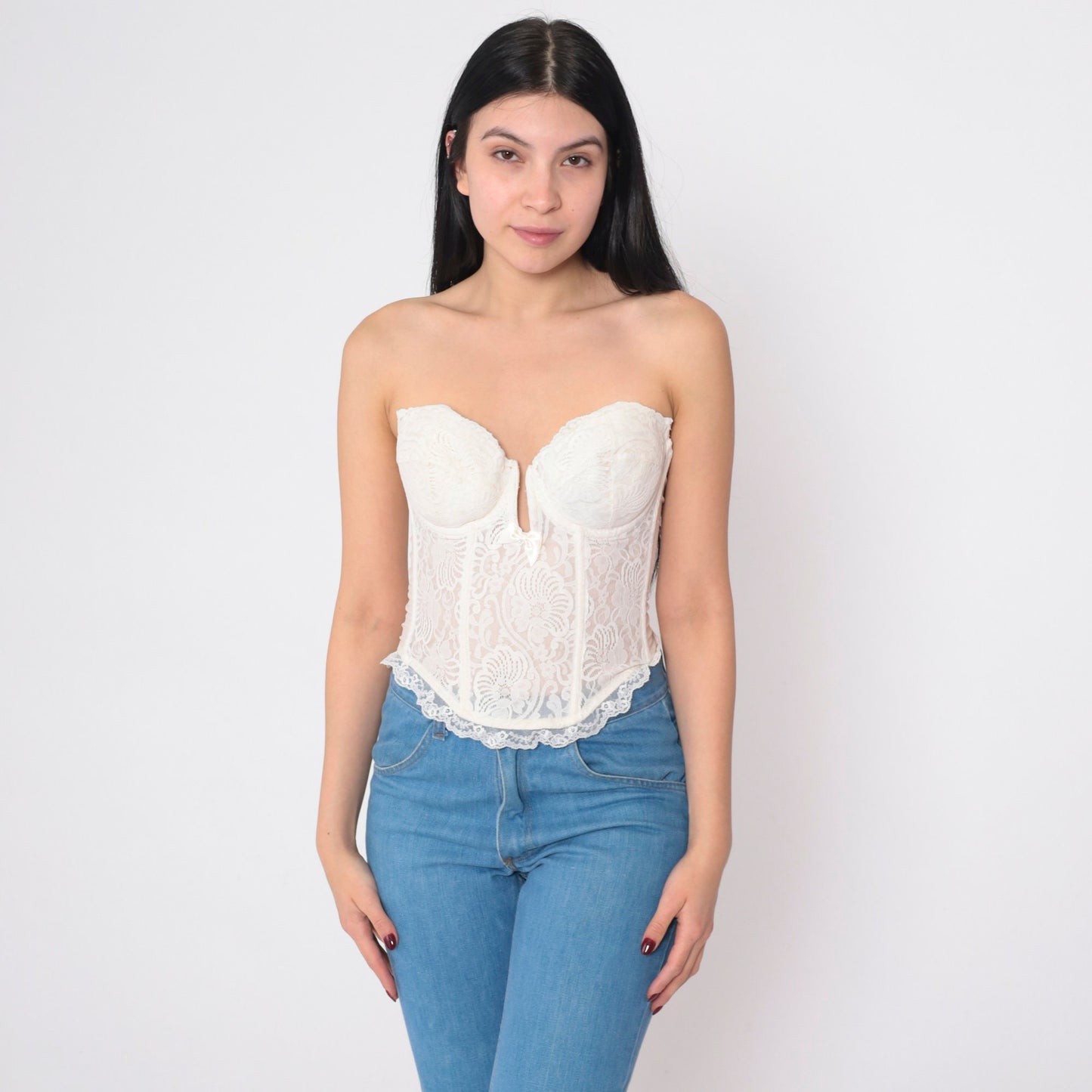 90s White Floral Lace Bustier Bra Strapless Underwire Sweetheart Neckline 36B