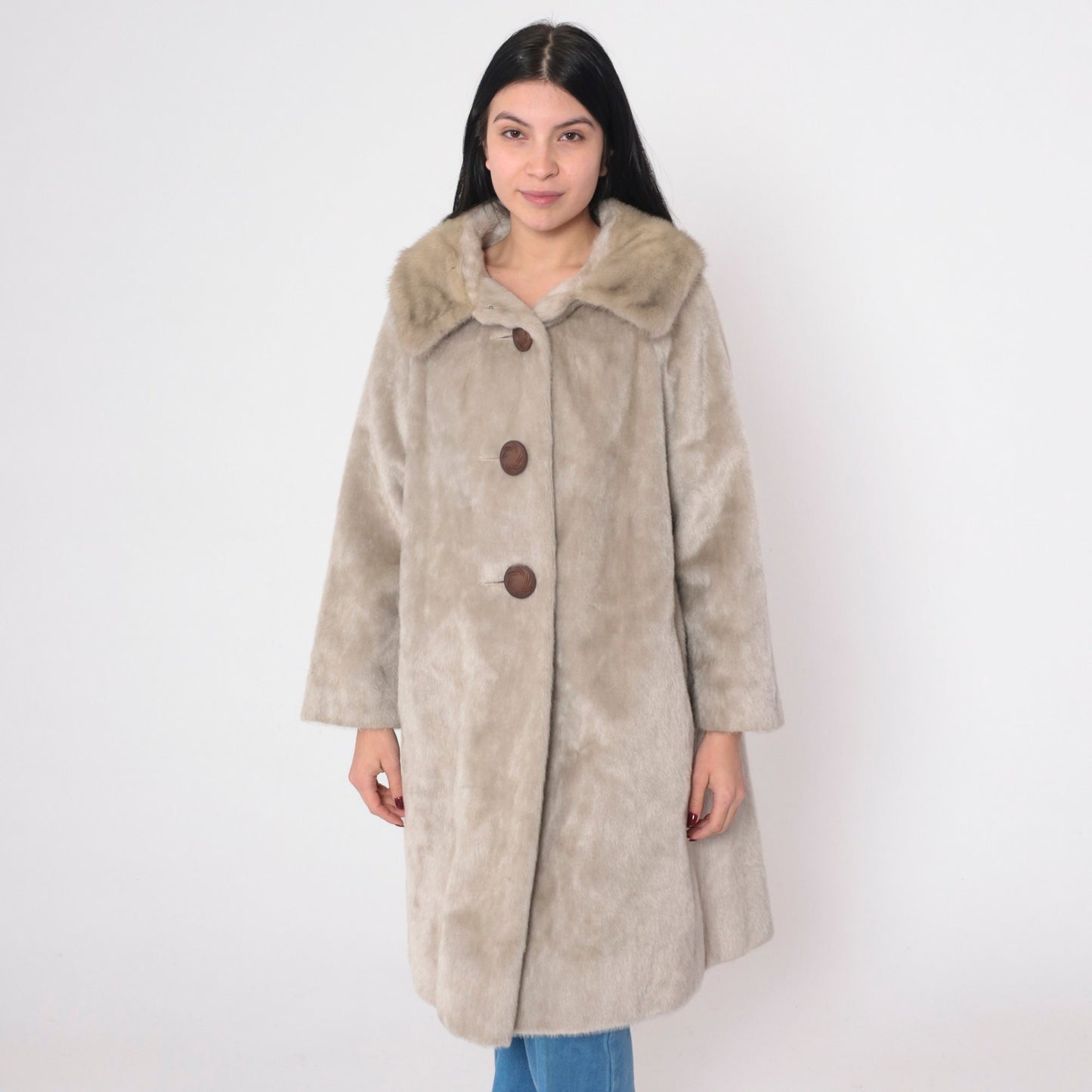 60s Tan Faux Fur Coat Real Fur Collar Button Front Medium