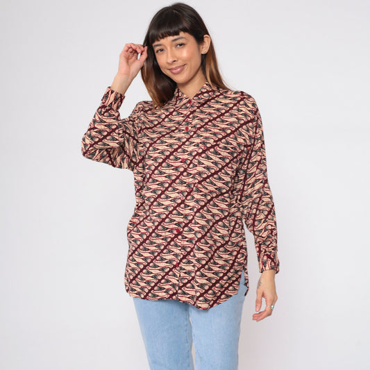 90s Geometric Abstract Button Up Blouse Red Tan Patterned Medium