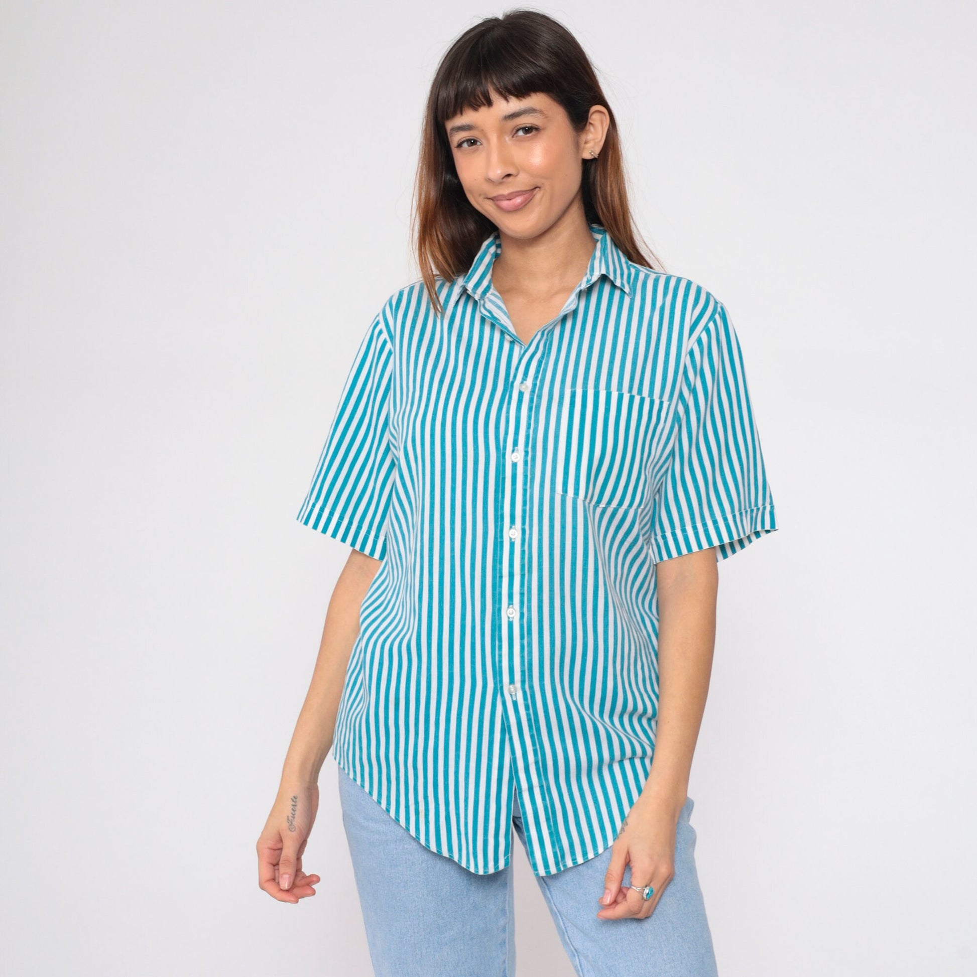 90s Blue White Striped Oxford Button-Up Shirt Short Sleeve Men's Medium