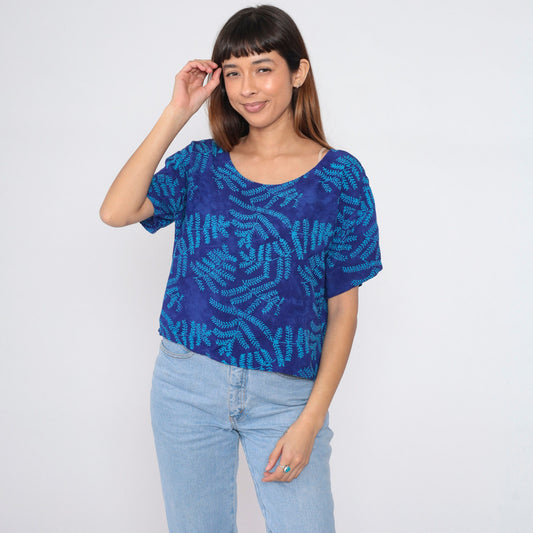 90s Global Village Tropical Leaf Scoop Neck Blouse Blue Short Sleeve Small