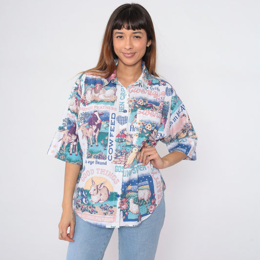 90s Farm Animal Print Button Up Blouse Cow Duck Bunny Chicken Sheep Medium