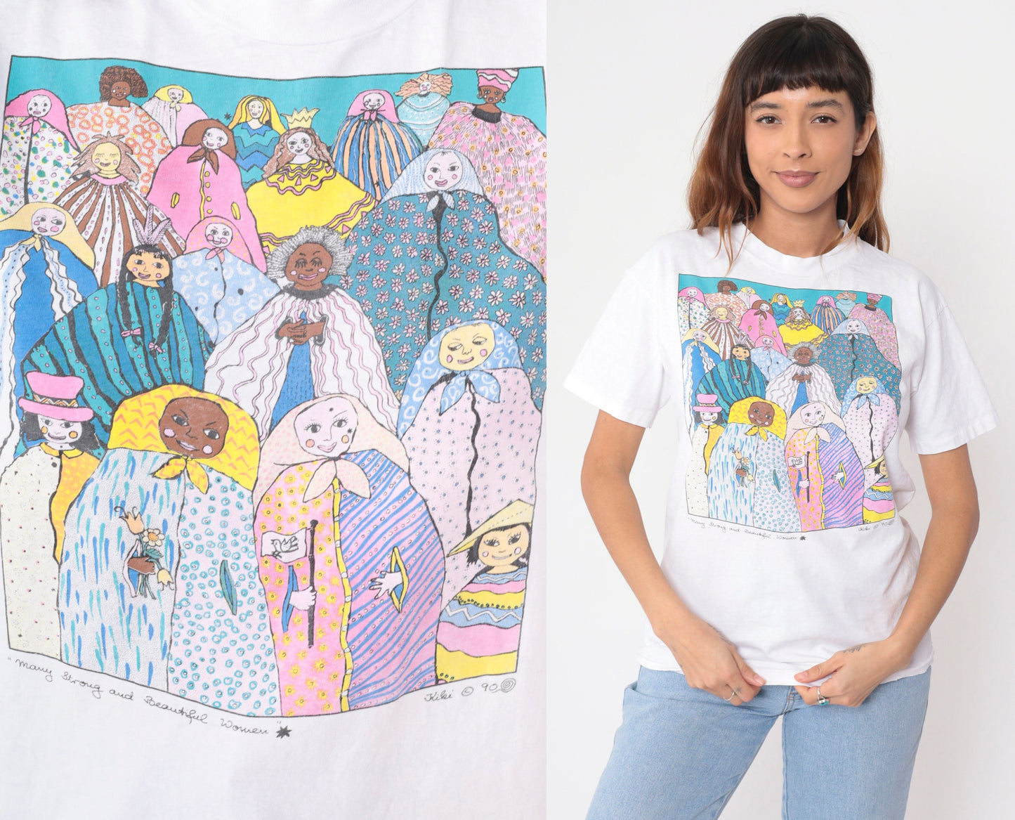 90s Kiki Suarez Many Strong and Beautiful Women Graphic Tee White Cotton Medium