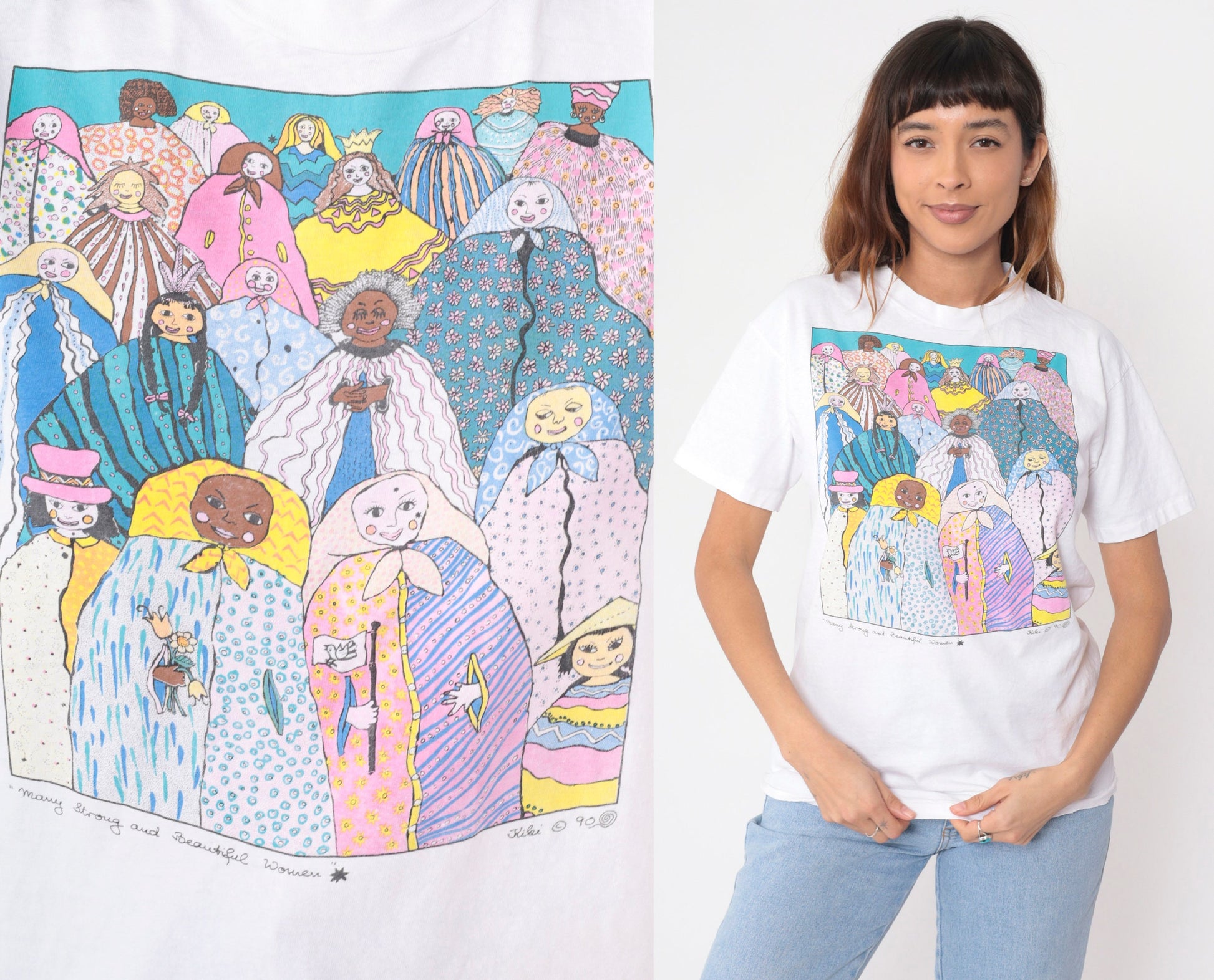 90s Kiki Suarez Many Strong and Beautiful Women Graphic Tee White Cotton Medium