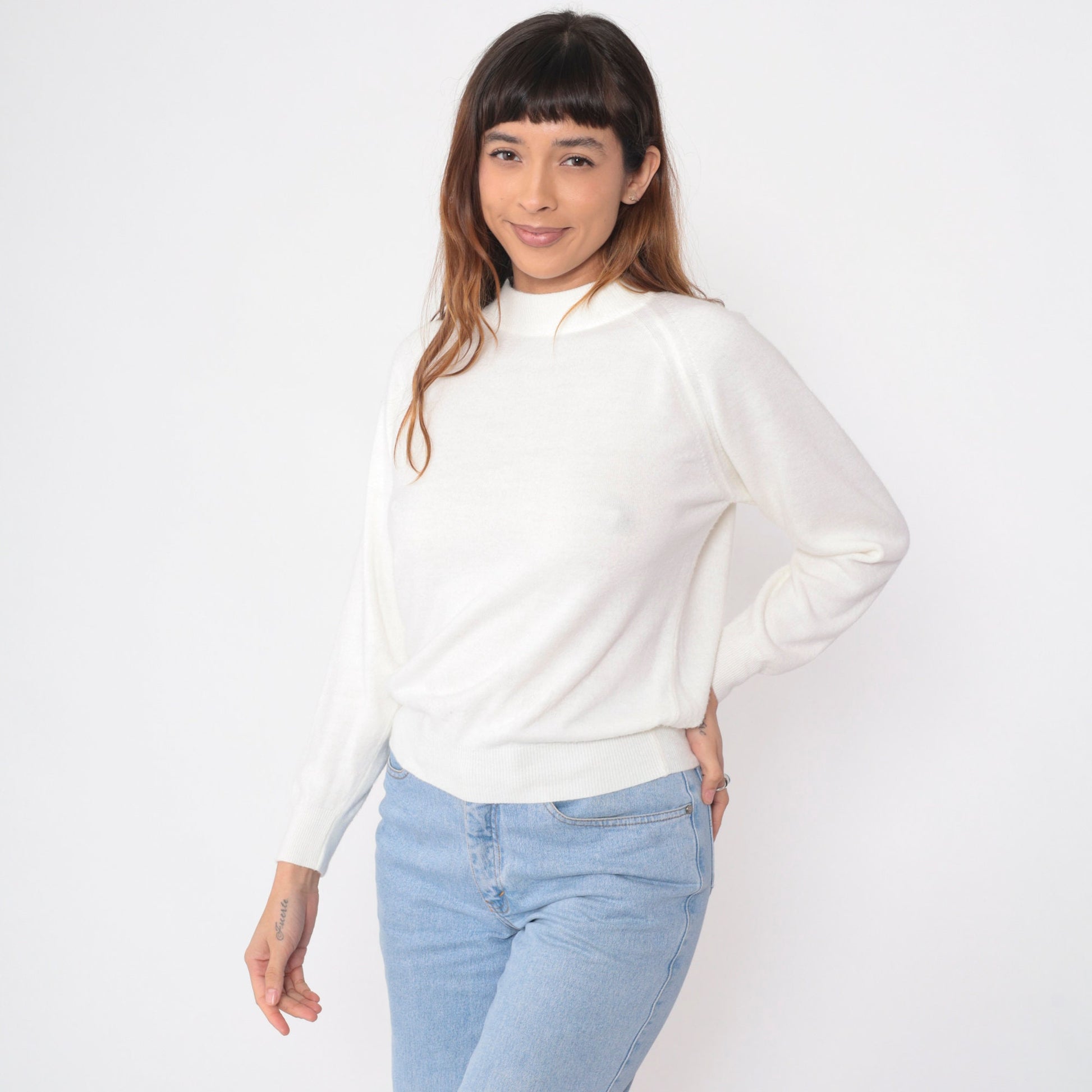 70s White Knit Sweater Mock Neck Raglan Pullover Small