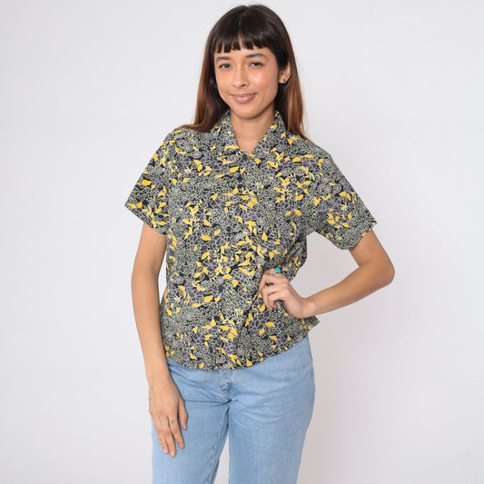 90s Black Floral Button-Up Blouse Yellow Purple Print Short Sleeve Small