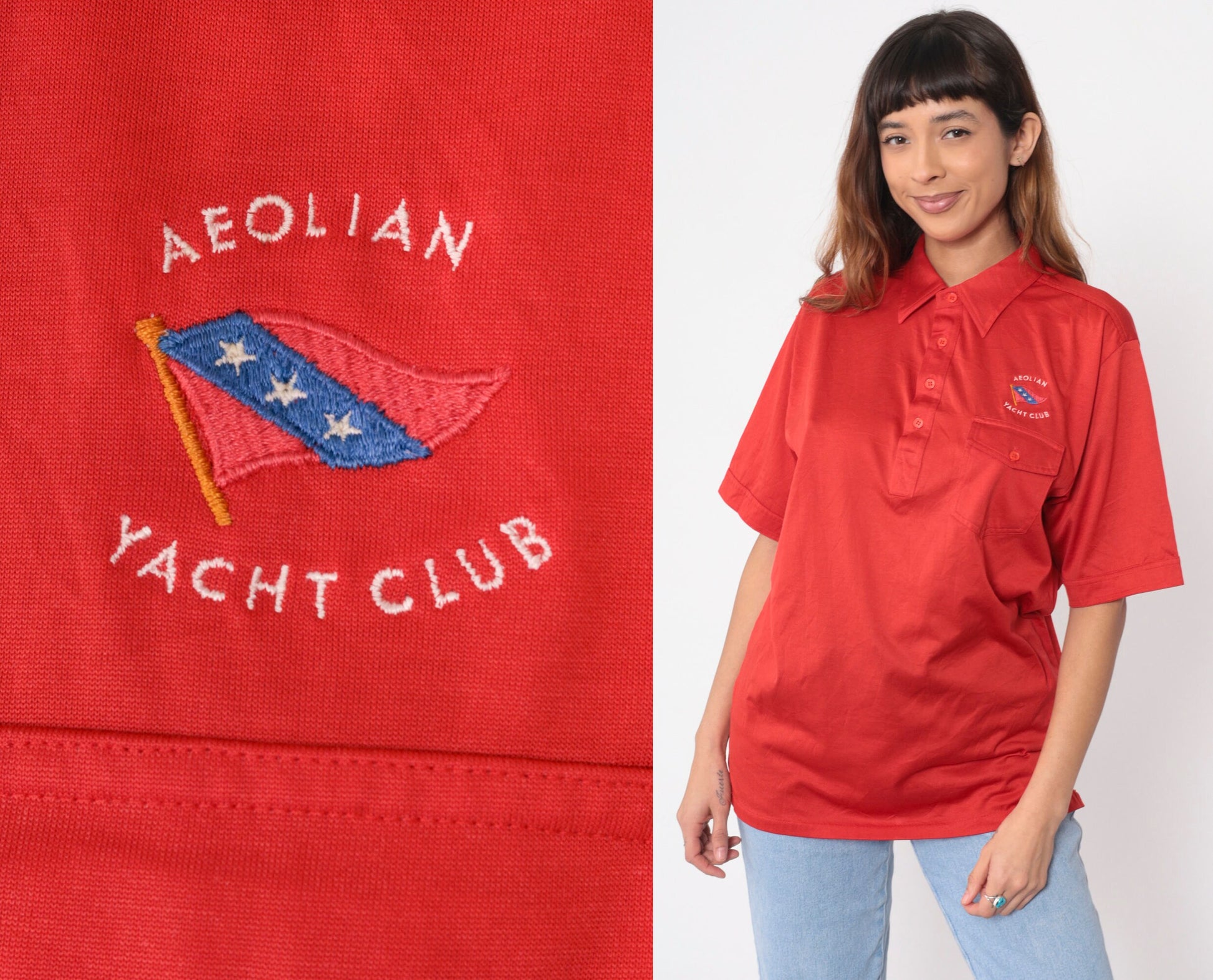 80s Aeolian Yacht Club Polo Shirt Red Embroidered Crest Alameda California Large