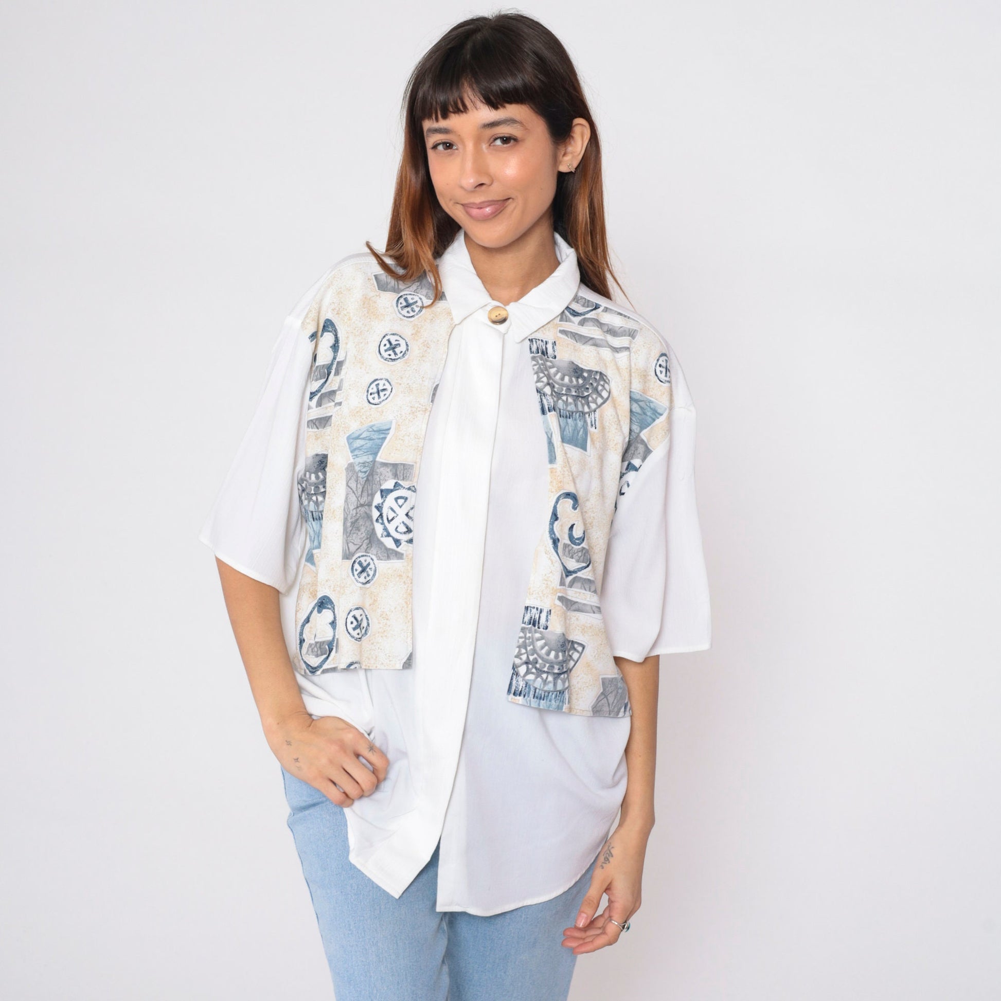 90s Geometric Button Up Shirt White Attached Vest Half Sleeve Extra Large XXL