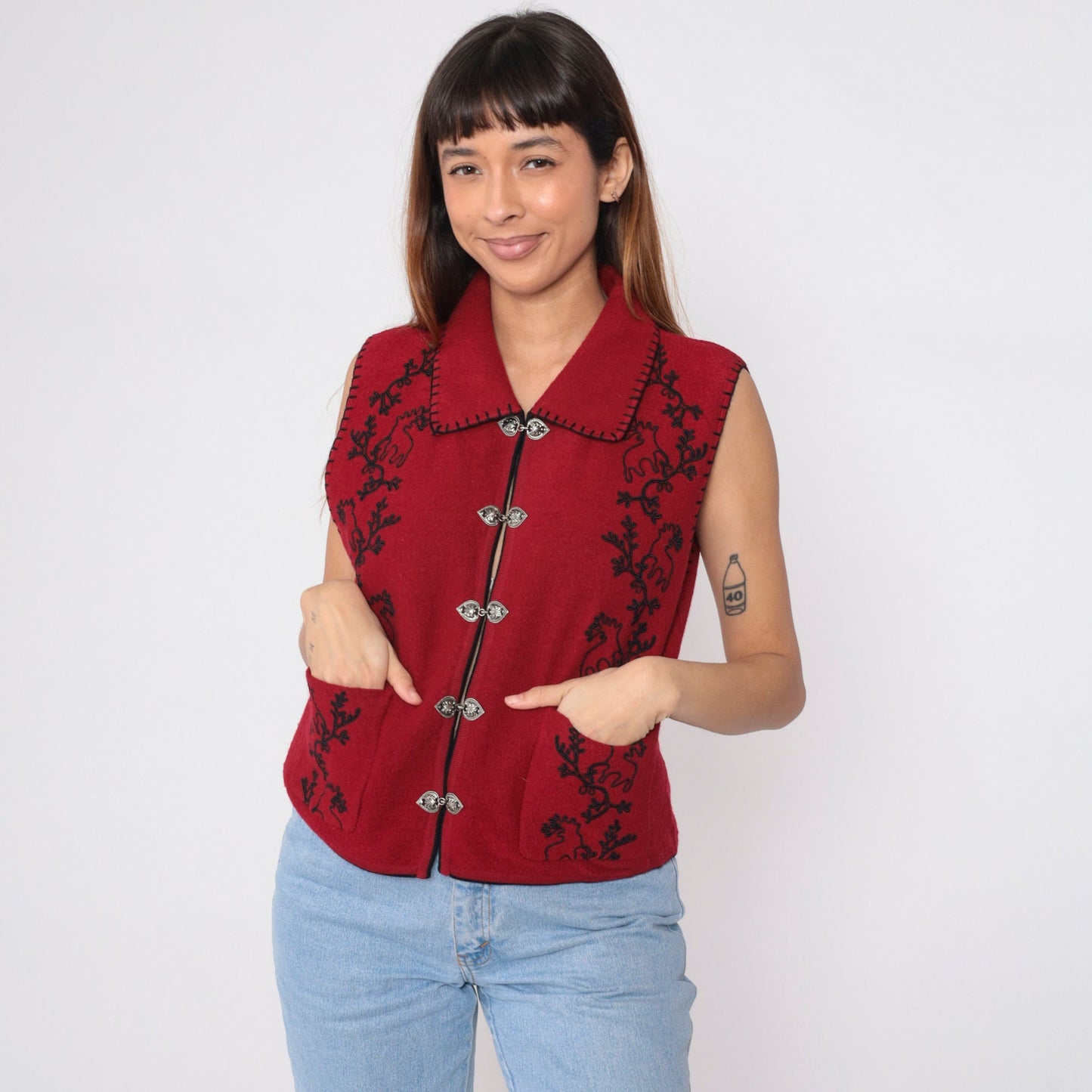 90s Woolrich Moose Wool Vest Red Black Soutache Silver Clasp Medium M