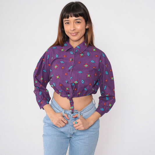 90s Arizona Jean Company Southwestern Crop Top Purple Button-Up Medium