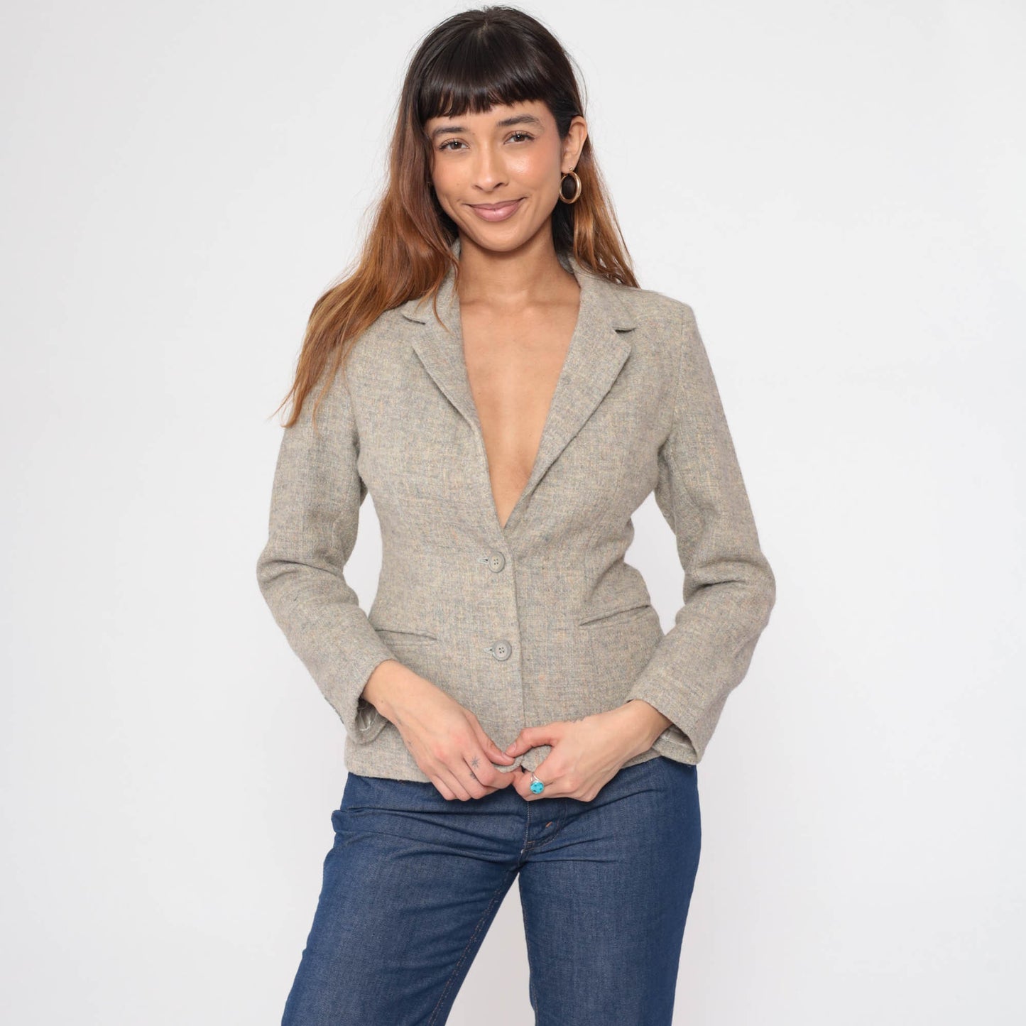 80s Wool Blazer Flecked Grey V-Neck Tailored Jacket Small S