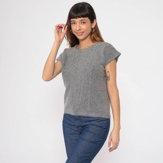 80s Grey Lambswool Angora Cap Sleeve Knit Sweater Top Small S