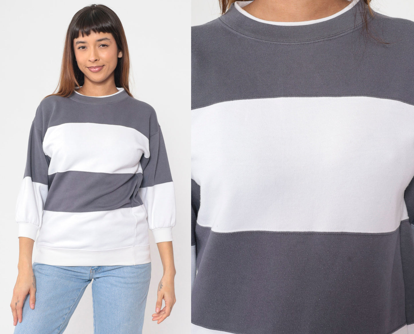90s Striped Color Block Sweatshirt White Grey Crewneck Small