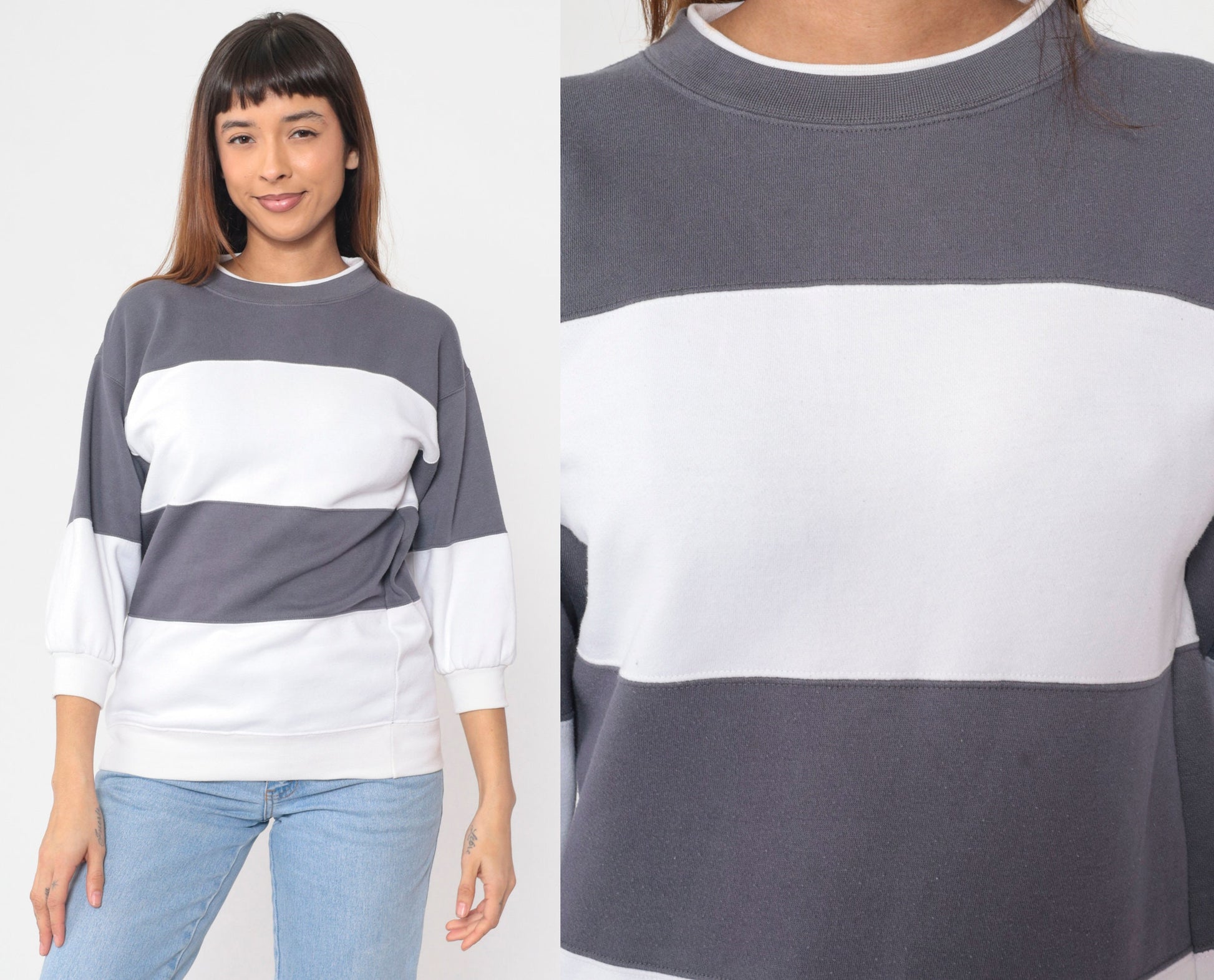 90s Striped Color Block Sweatshirt White Grey Crewneck Small