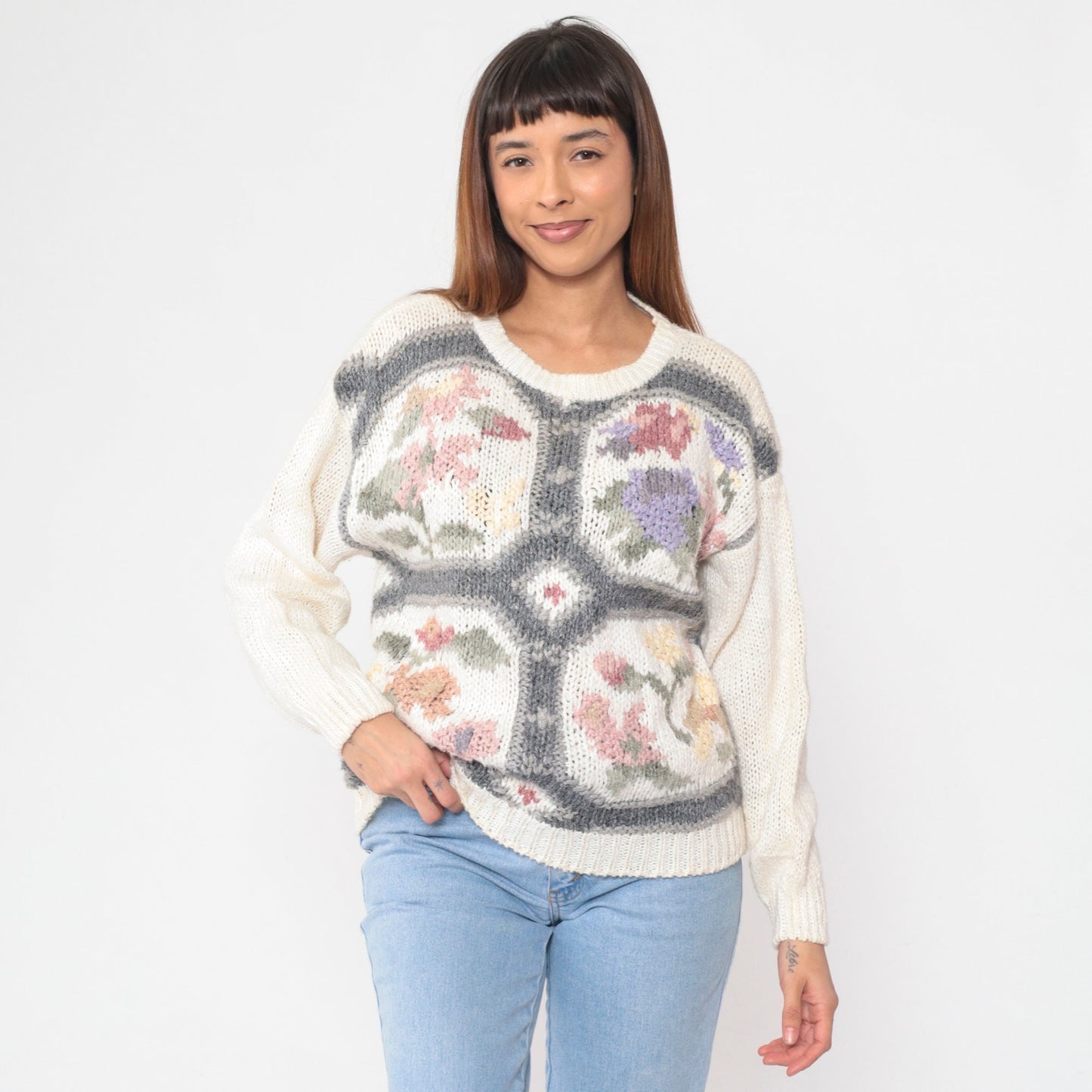 80s White Floral Knit Pullover Sweater Cotton Ramie Small S