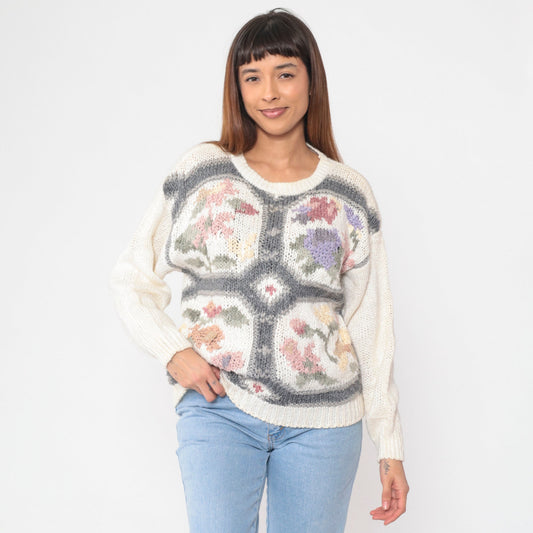80s White Floral Knit Pullover Sweater Cotton Ramie Small S