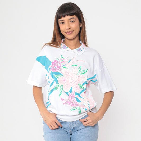 90s White Floral Collared Blouse Abstract Lily Print Short Sleeve Banded Hem Large L
