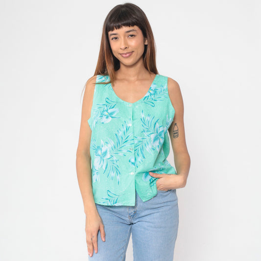 80s Tropical Floral Button-Up Tank Top Turquoise Green Orchid Leaf Print Large