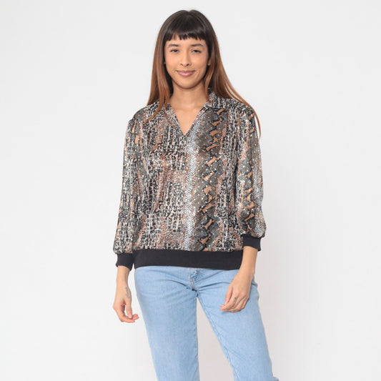80s Snakeskin Print Blouse Collared V-Neck 3/4 Sleeve Banded Hem Large L