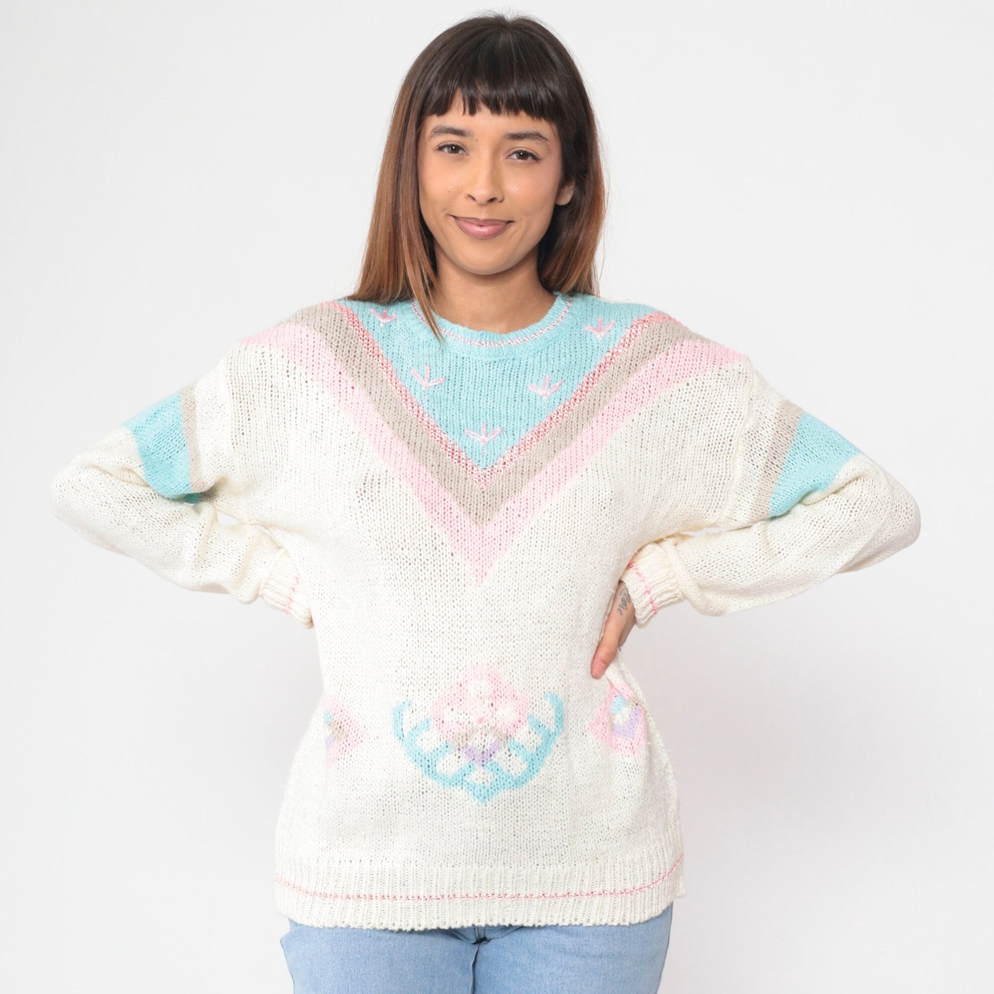 80s Mister Noah Knit Sweater White Pastel Chevron Beaded Floral Embroidered Large