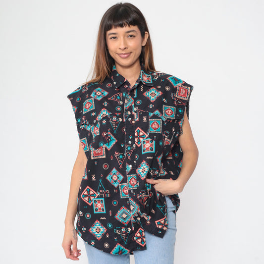 90s Southwestern Pearl Snap Tank Top Black Geometric Collared XL