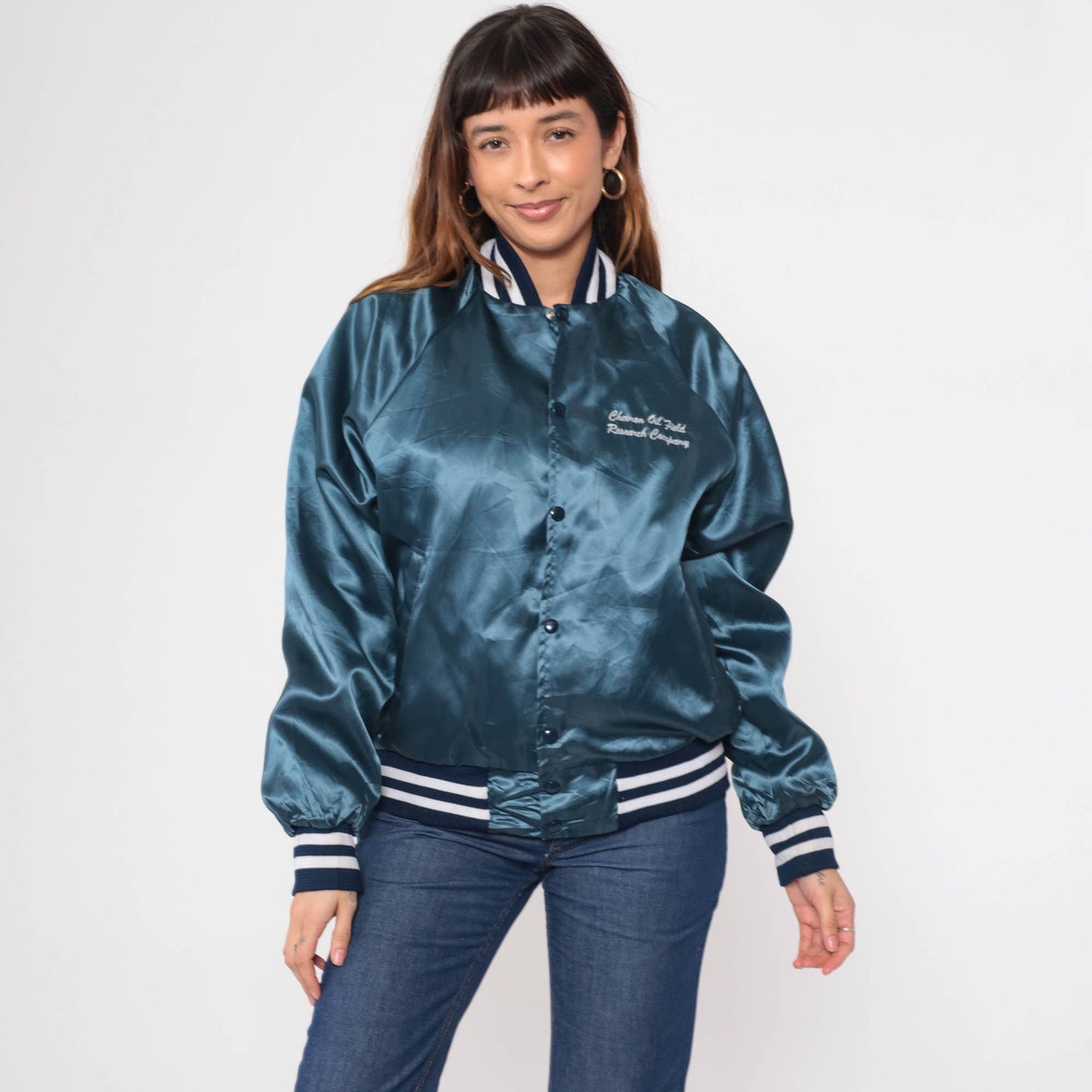 80s Chevron Oil Field Research Satin Bomber Jacket Blue Medium