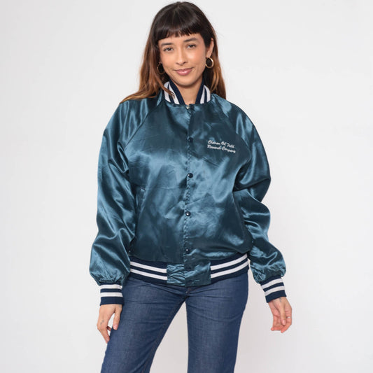80s Chevron Oil Field Research Satin Bomber Jacket Blue Medium