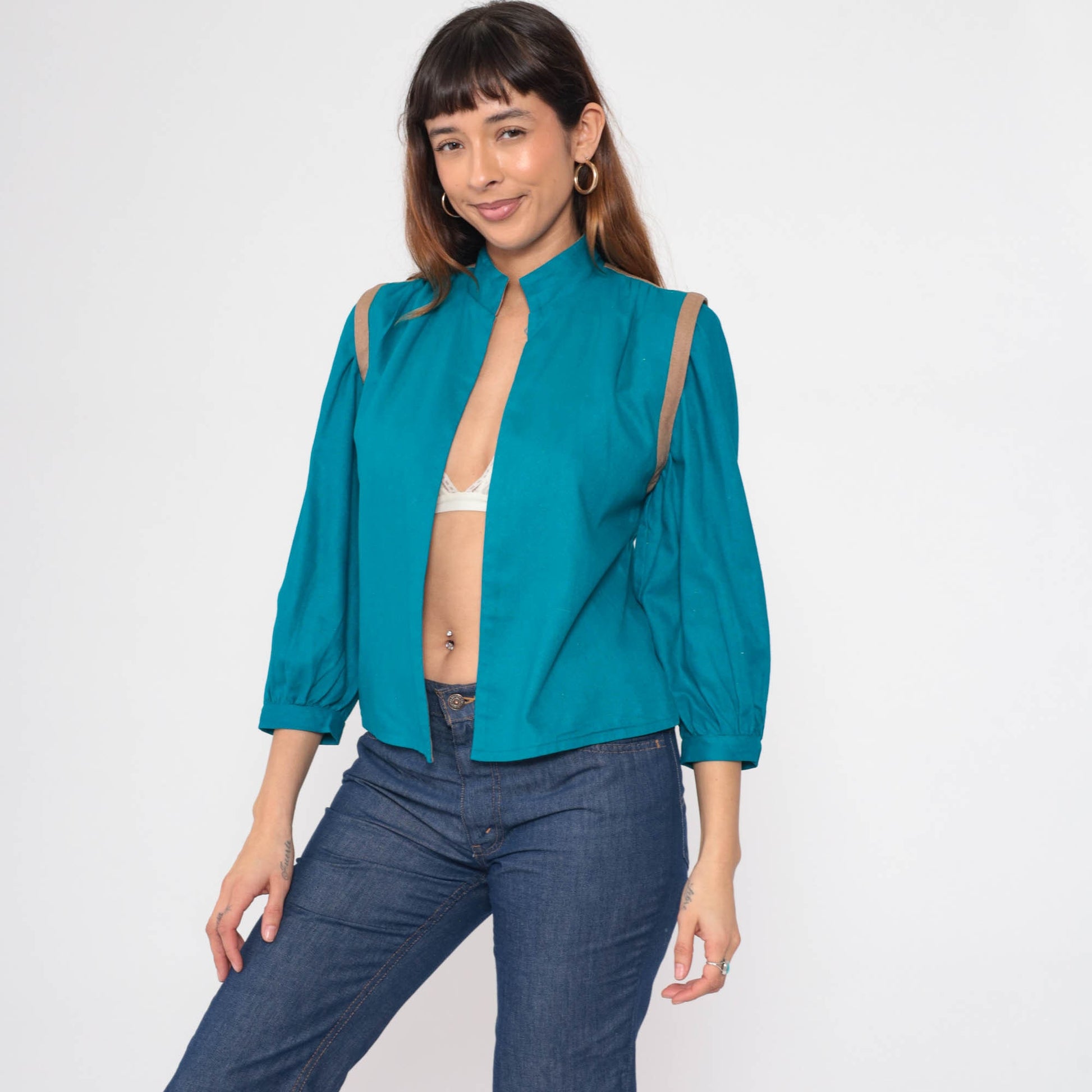 80s Teal Silk Noil Jacket Puff Sleeve Mandarin Collar Open Front Small