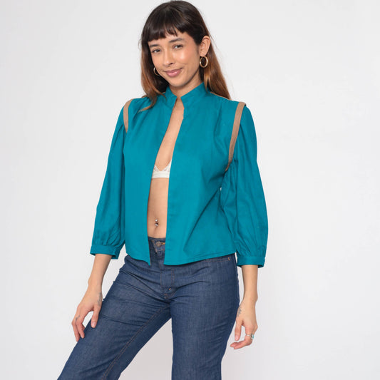 80s Teal Silk Noil Jacket Puff Sleeve Mandarin Collar Open Front Small