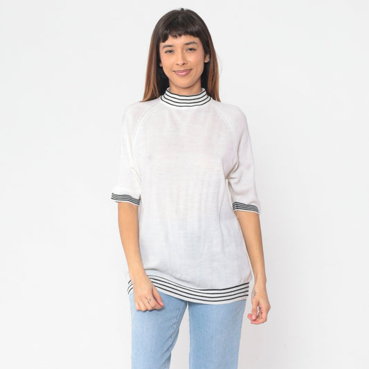 70s Bardoni White Knit Mock Neck Sweater Top Striped Ringer Medium