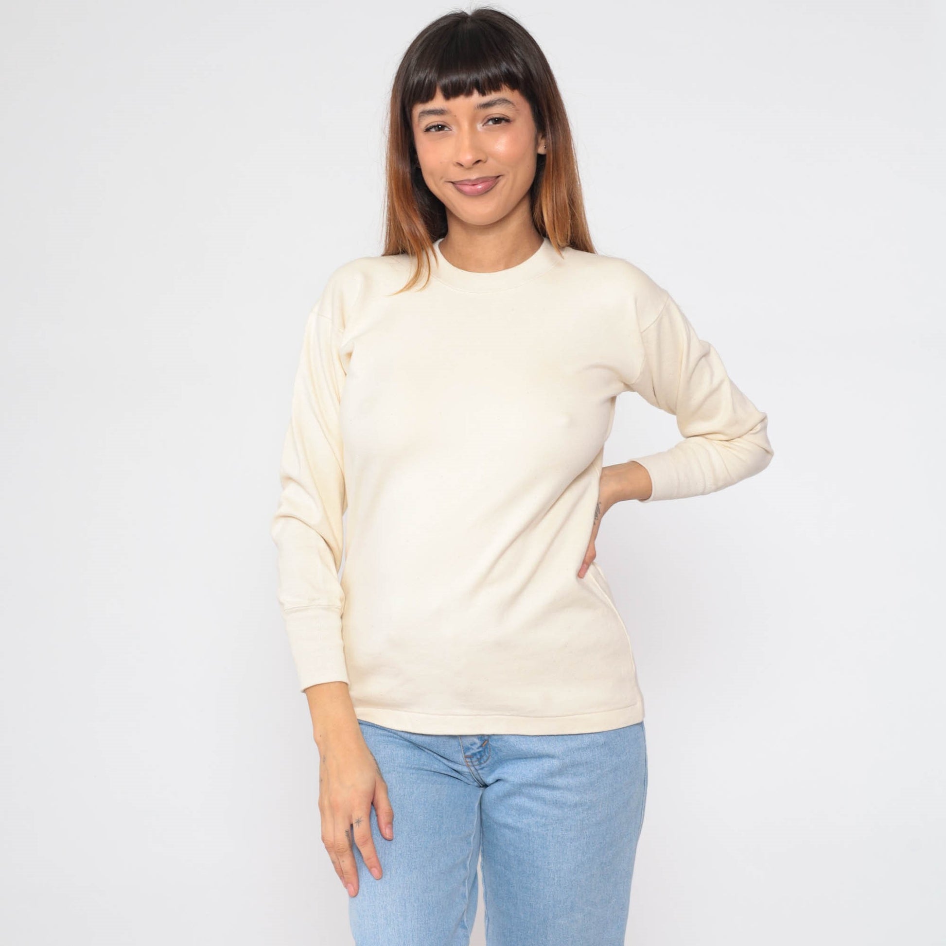 80s Cream Long Sleeve Crewneck T-Shirt Plain Layering Tee Small