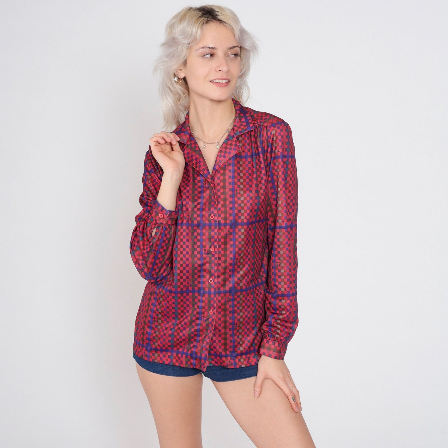 70s Checkered Button-Up Blouse Multicolor Long Sleeve Collared Shirt Medium