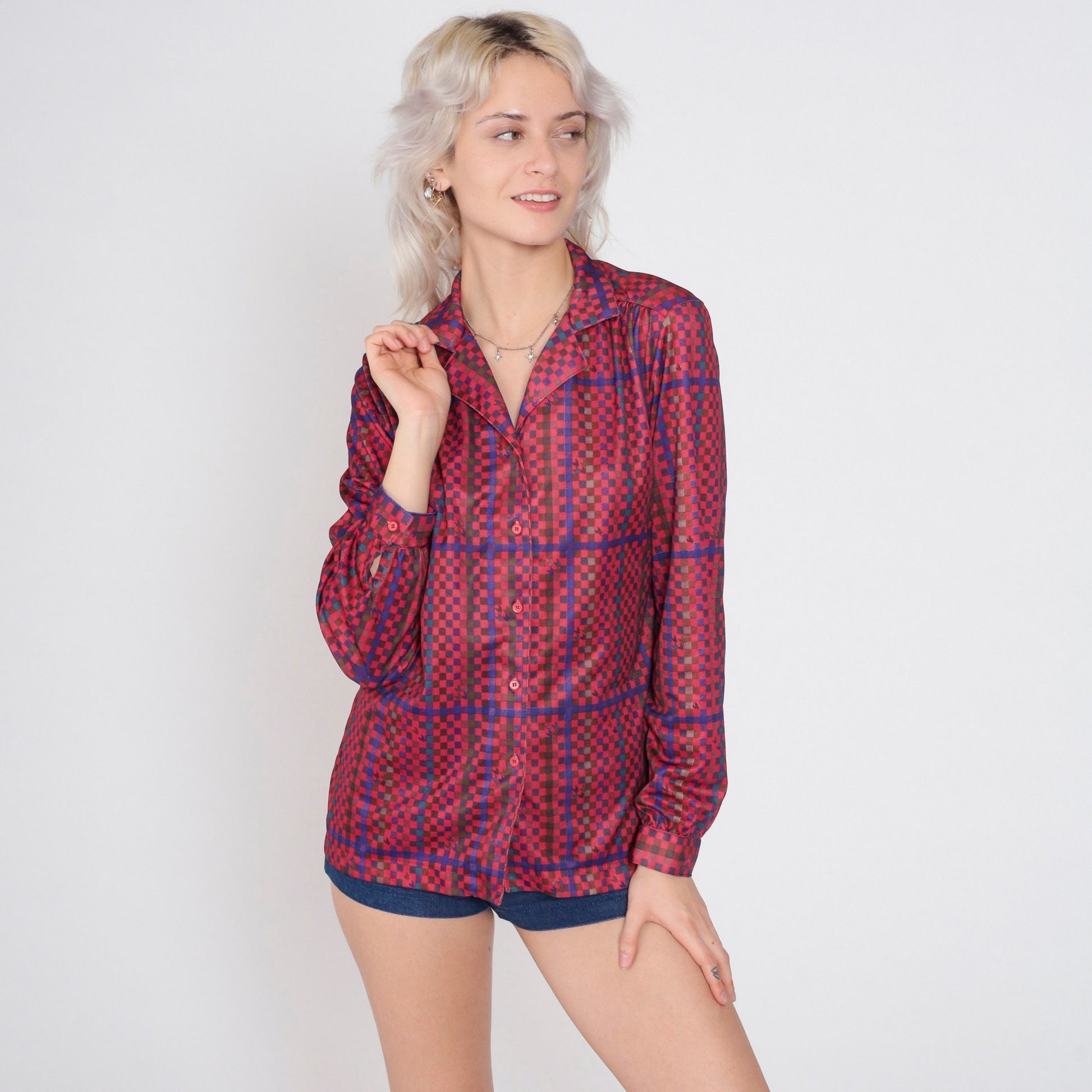 70s Checkered Button-Up Blouse Multicolor Long Sleeve Collared Shirt Medium