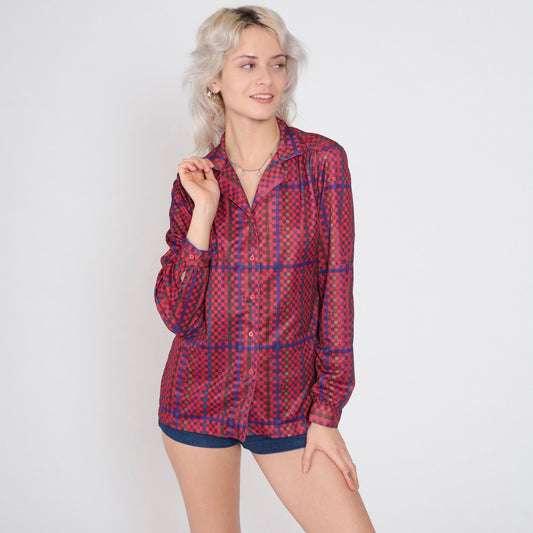 70s Checkered Button-Up Blouse Multicolor Long Sleeve Collared Shirt Medium