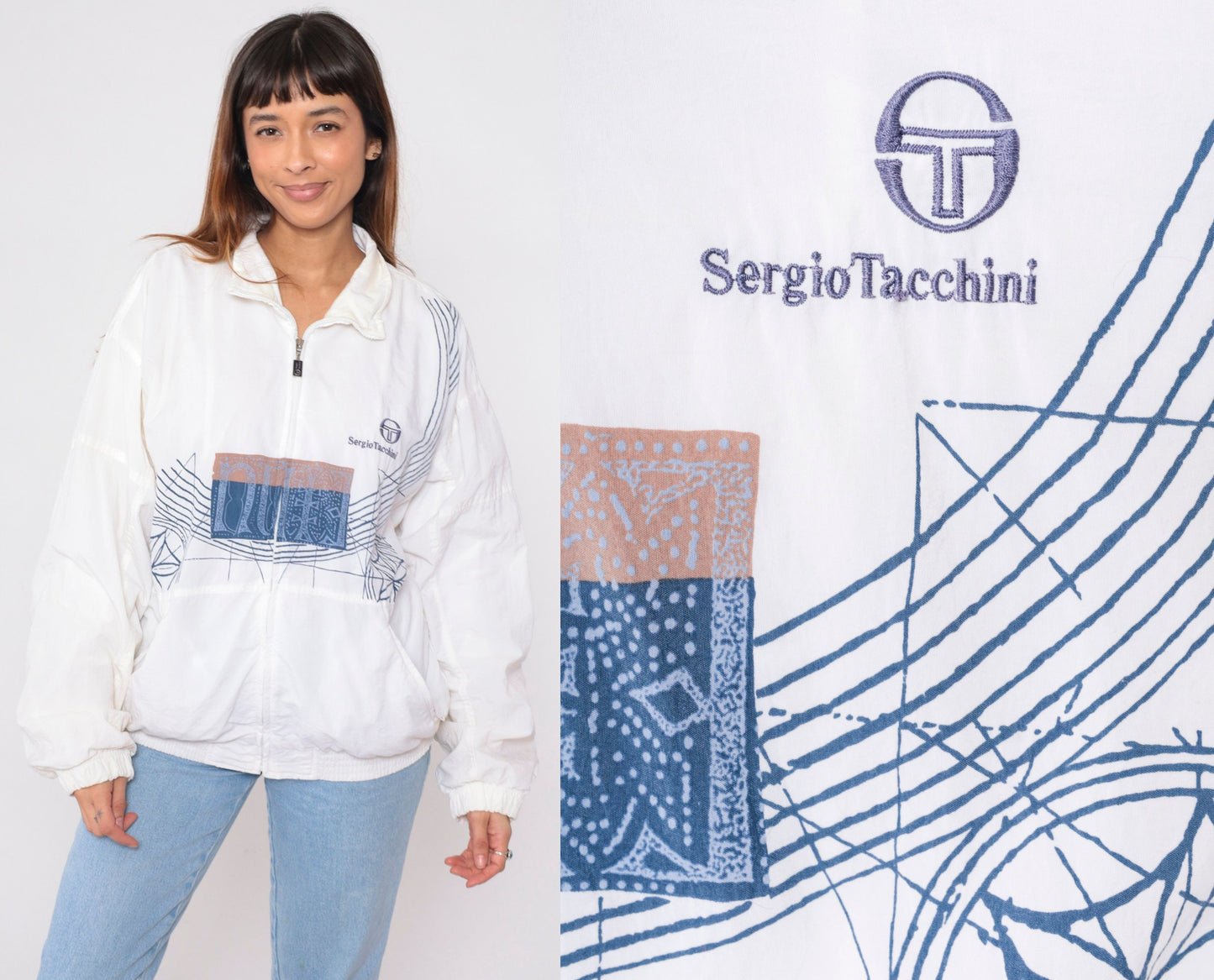 Sergio Tacchini 90s White Geometric Windbreaker Jacket Large L