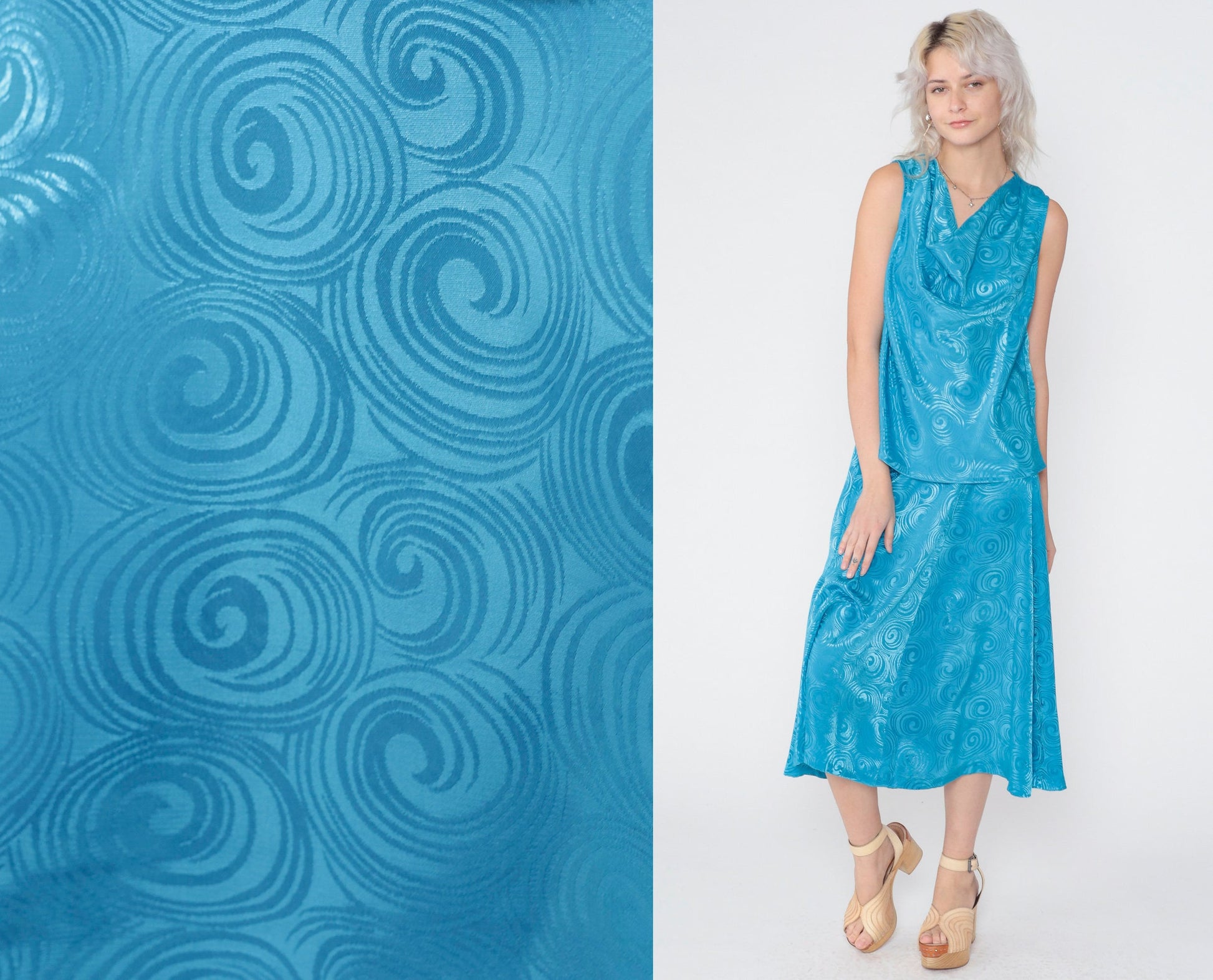 80s Oui Petites Two Piece Set Blue Swirl Cowl Neck Tank Midi Skirt XS