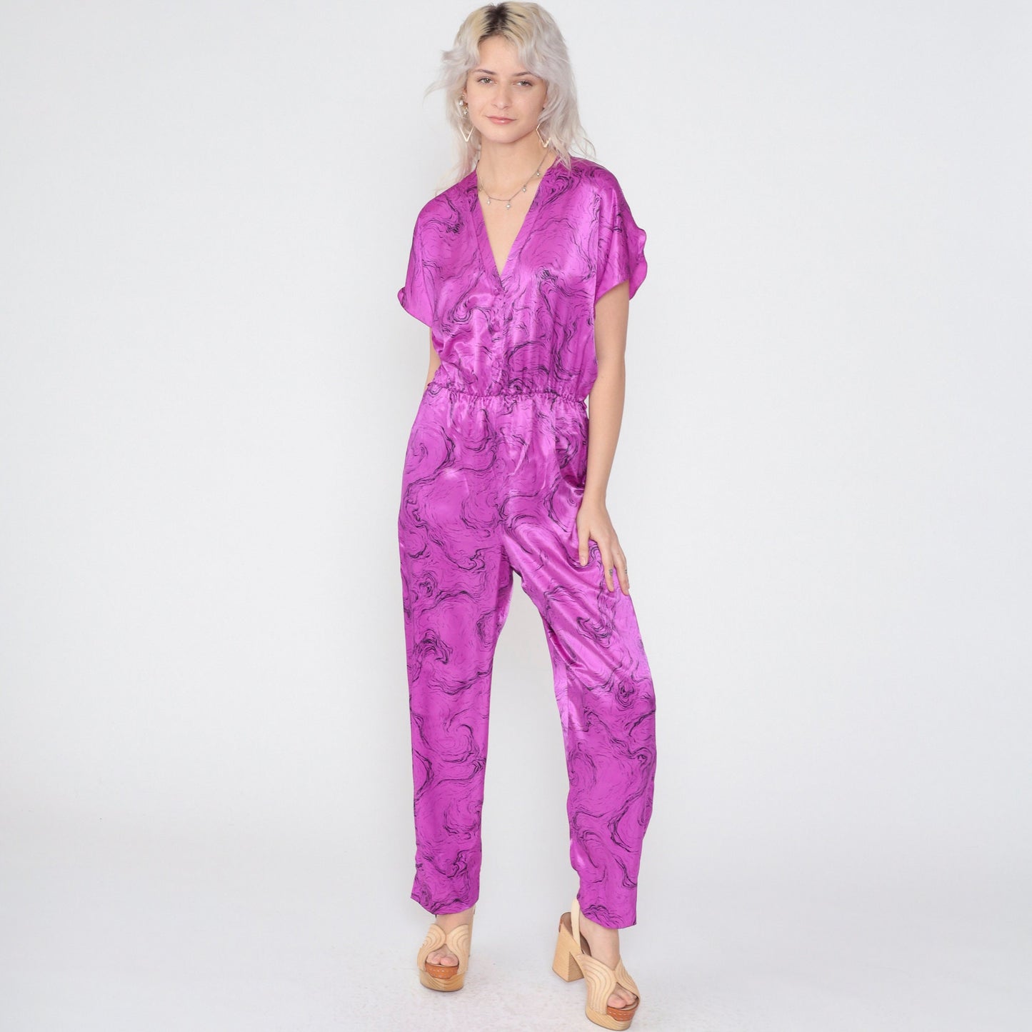 80s Purple Marble Jumpsuit Shiny High-Waisted Tapered V-Neck Small