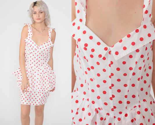 80s Karen Alexandra Polka Dot Mini Dress High Waist Peplum White Red Small