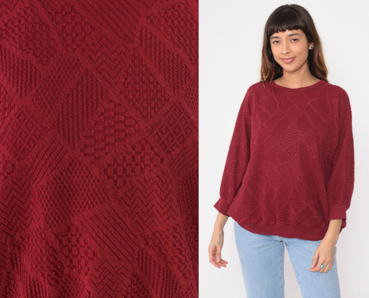 80s Dolman Sleeve Patchwork Top Deep Red Textured Crewneck Extra Large XXL