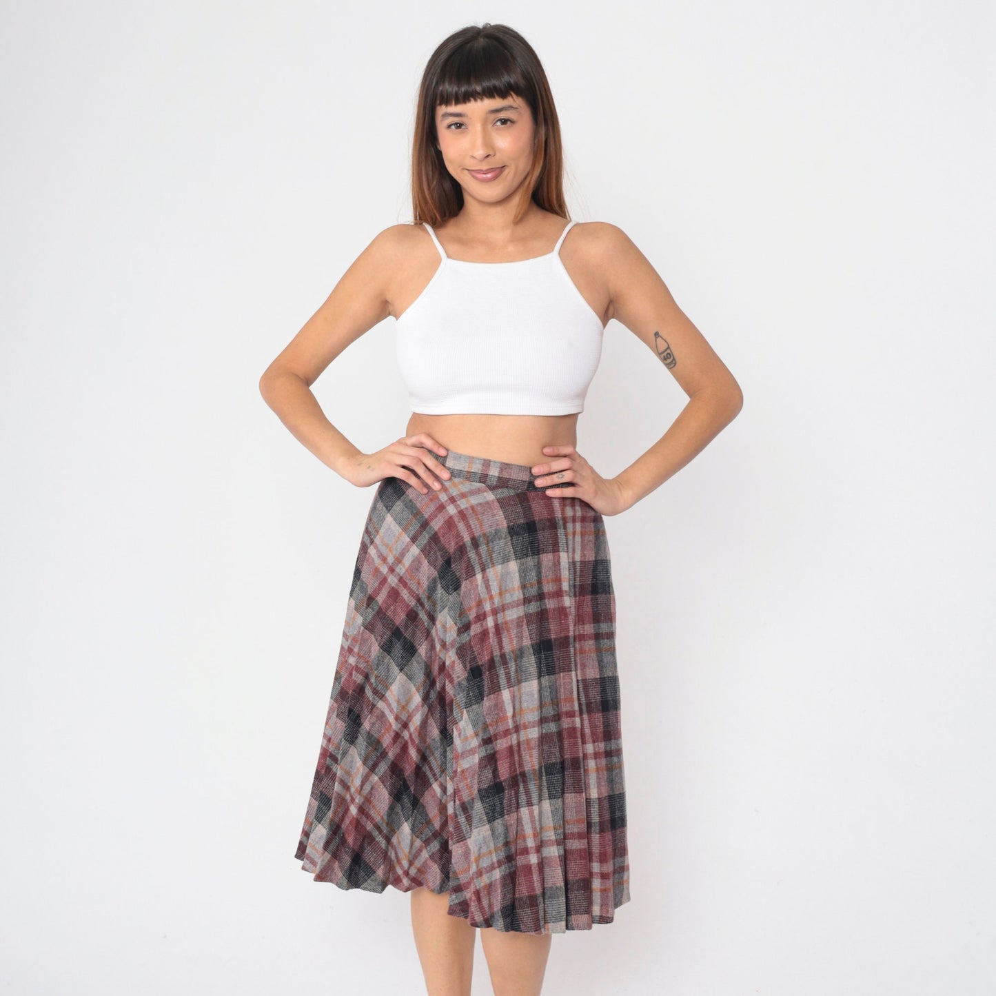 80s Plaid Wool Blend Pleated Skirt High Waist Knee Length Red Grey Small