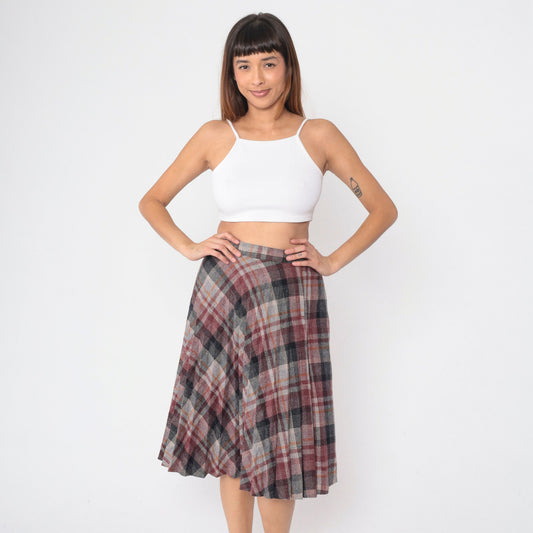 80s Plaid Wool Blend Pleated Skirt High Waist Knee Length Red Grey Small