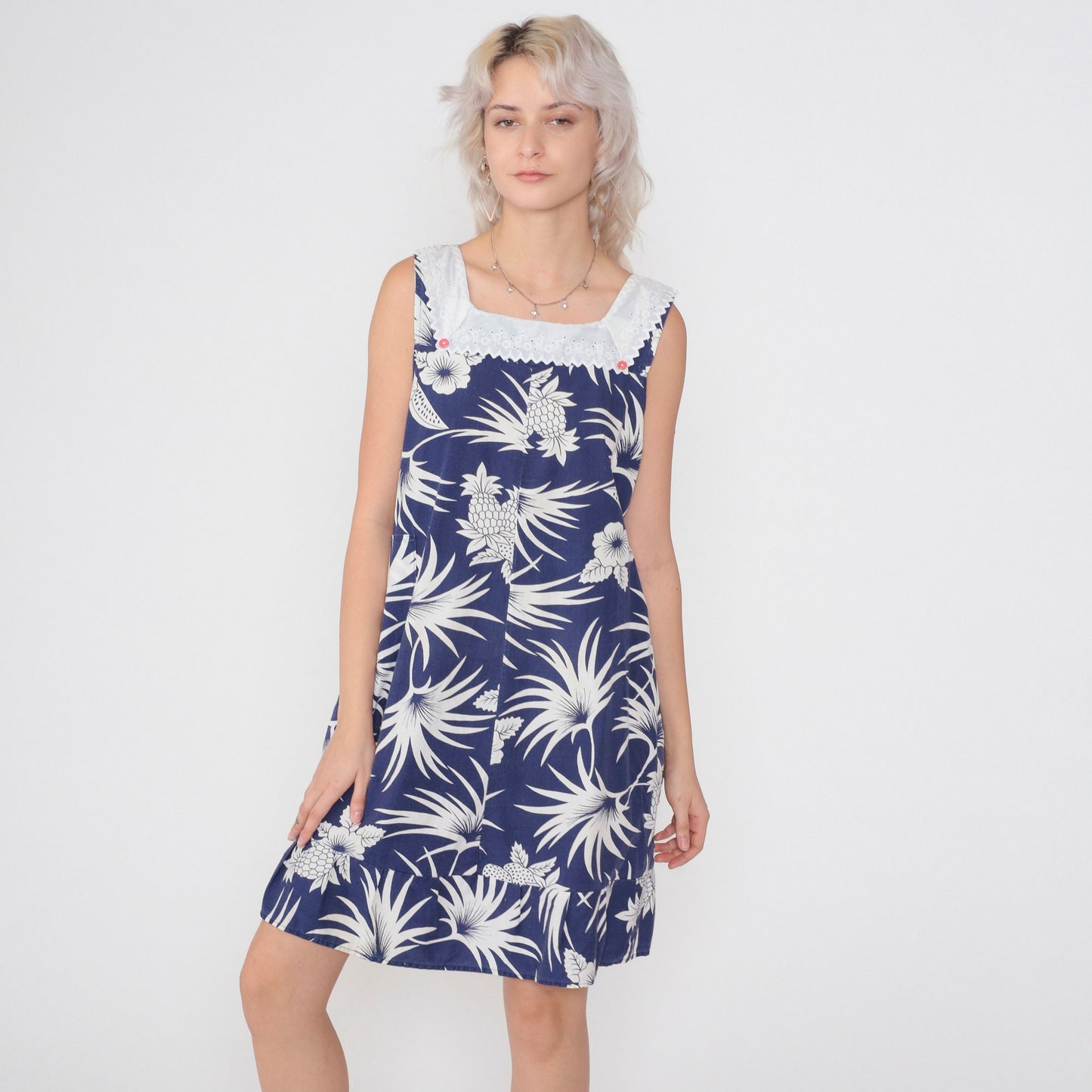 80s Hawaiian Tropical Mini Dress Blue Pineapple Leaf Print Eyelet Lace Small