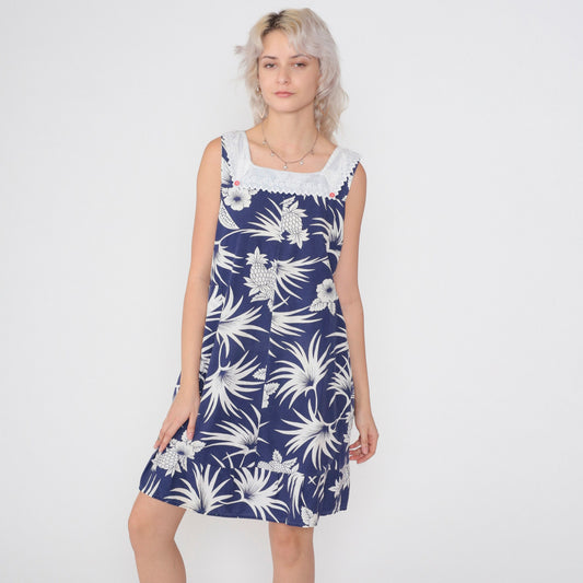 80s Hawaiian Tropical Mini Dress Blue Pineapple Leaf Print Eyelet Lace Small
