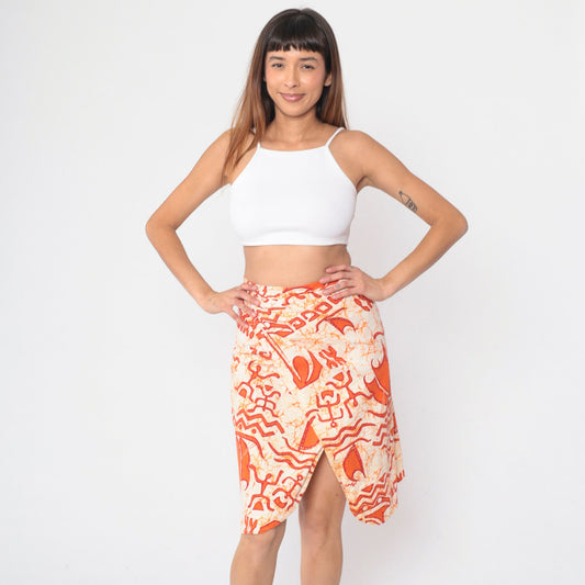 80s Wrap Mini Skirt Tie Dye Petroglyph Print Orange Cream Cotton Small