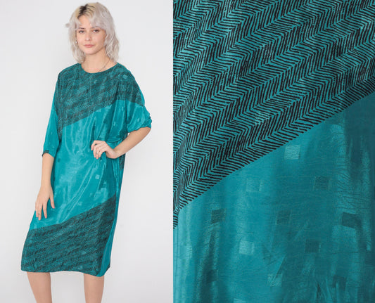 80s Brenner Petites Shiny Green Midi Dress Embossed Zigzag Half Sleeve Medium