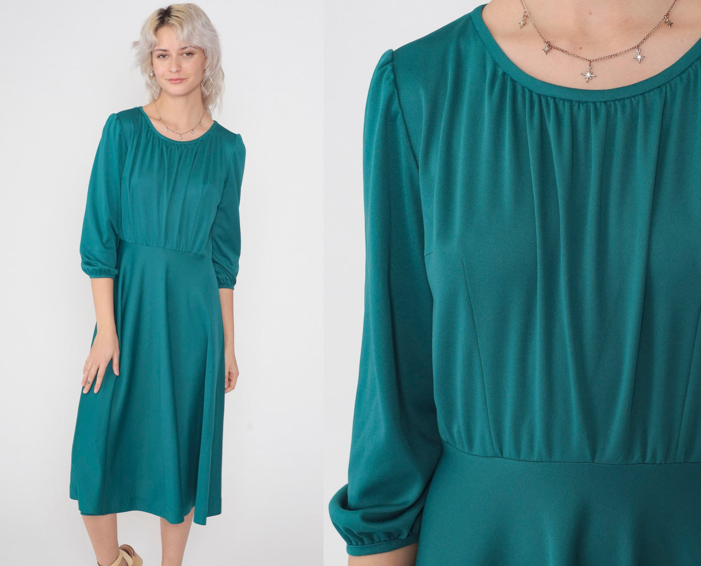 70s Teal Green Midi Dress High Waisted Puff Sleeve Pleated Medium